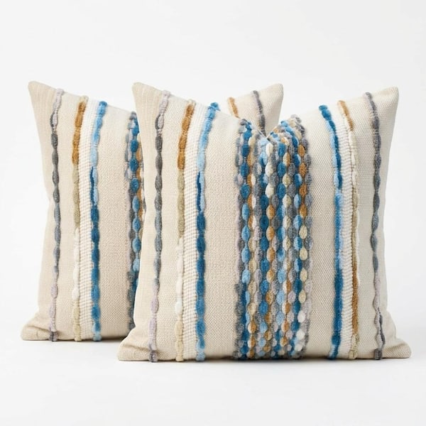 Sky Blue  Farmhouse Striped Chenille Throw Pillow Covers 18 in. x 18 in. - Set of 2