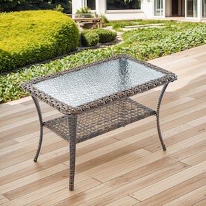 Brown Rectangle Wicker Outdoor Coffee Table with Tempered Glass Top