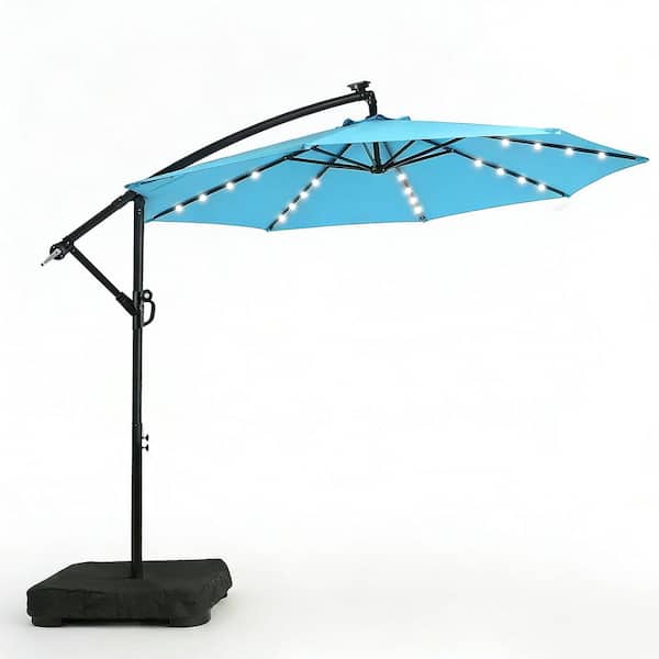 lohasco 10 ft. Solar LED Patio Cantilever Umbrella Outdoor with Base in Sky Blue