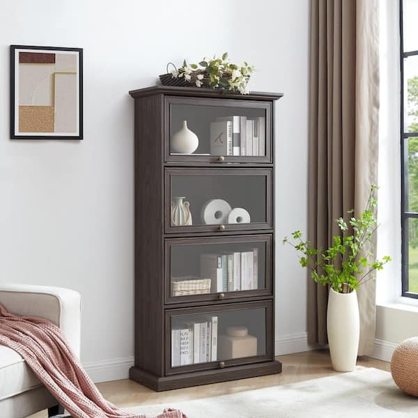 Mid-Century Modern Antique Brown 63 in. 4-Tier Accent Display Cabinet with 3-Shelves and 4-Flip up Glass Doors