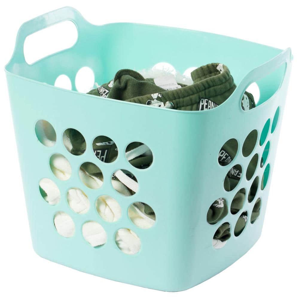 Basicwise Flexible Plastic Carry Laundry Basket Holder Square Storage Hamper with Side Handles (Green)