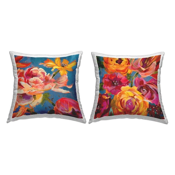 Vivid Roses and Peonies Multi-Color Square Outdoor Throw Pillow 2-Pack