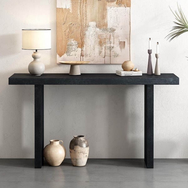 59 in. Black Rectangle Oak Veneer MDF Console Table with Distinctive Side Shapes
