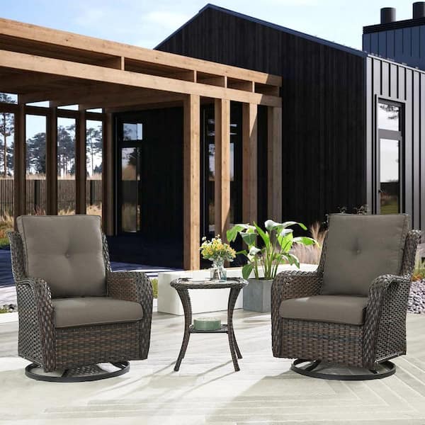 ArcoBay 3-Piece Brown Wicker Swivel Outdoor Rocking Chairs Patio Conversation Set with Olefin Gray Cushions