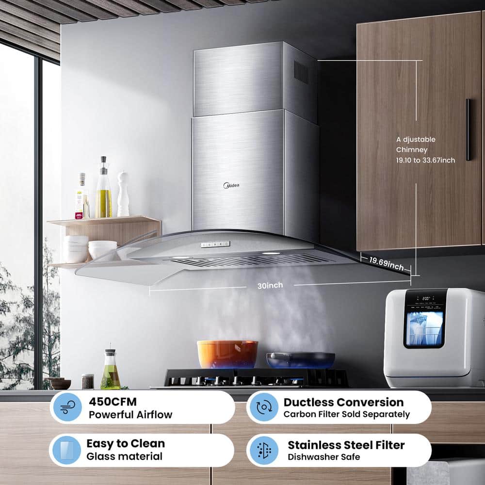 Midea 30" Stainless Steel Convertible Curved Glass Range Hood