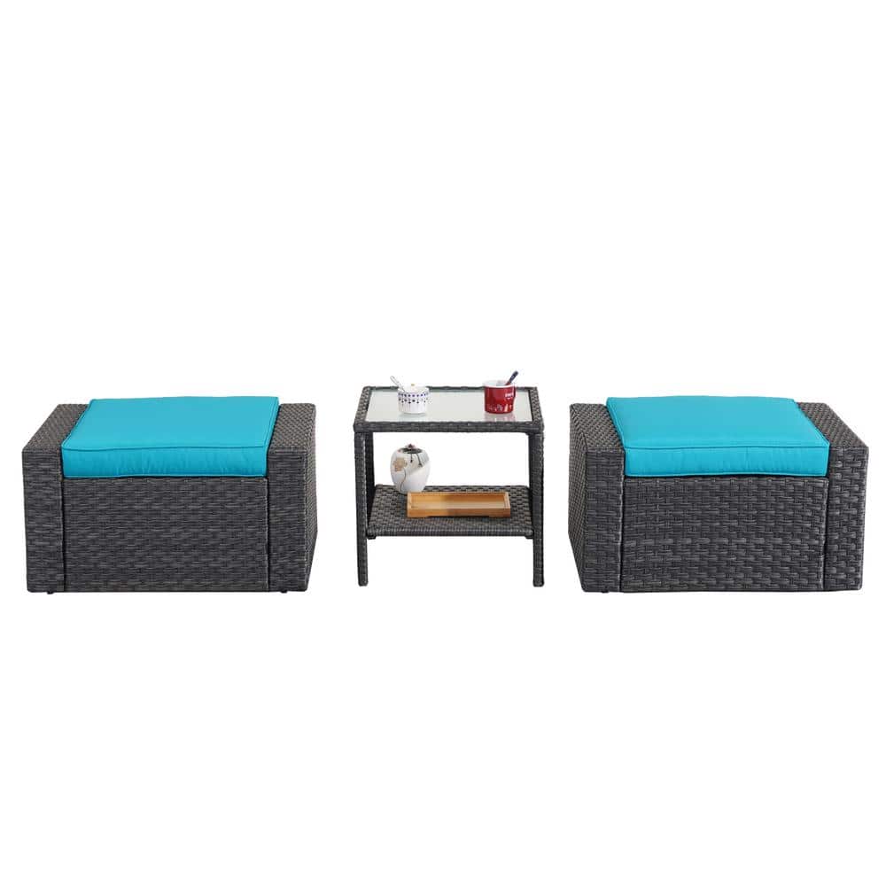 Black Wicker Outdoor Ottomans Patio Conversation Sets with Blue Cushions an