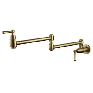 Wall-Mounted Kitchen Faucet Folding Pot Filler with Double Handles in Brushed Gold