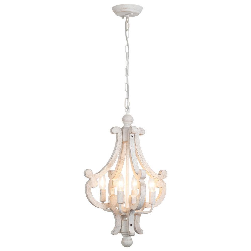4-Light Distressed White Farmhouse Chandelier Rustic White Shade Wood Light