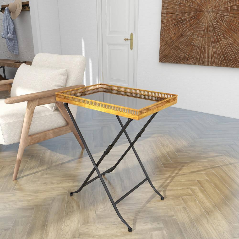 Elegant Gold Metal and Stone Rectangular Accent Table