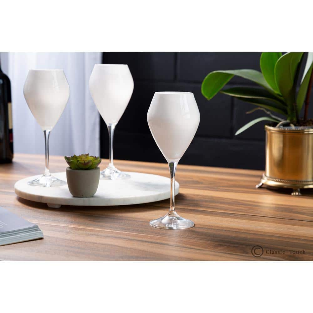 Set of Six 14 oz White and Clear Glass Wine Goblets