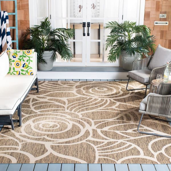 Courtyard Coffee/Sand 7 ft. x 7 ft. Square Floral Indoor/Outdoor Patio  Area Rug