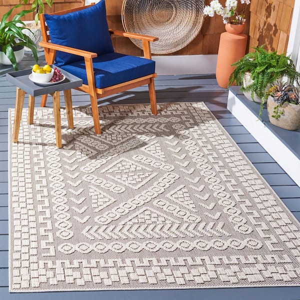 Global Beige/Light Beige 4 ft. x 6 ft. Border Geometric Indoor/Outdoor Area Rug