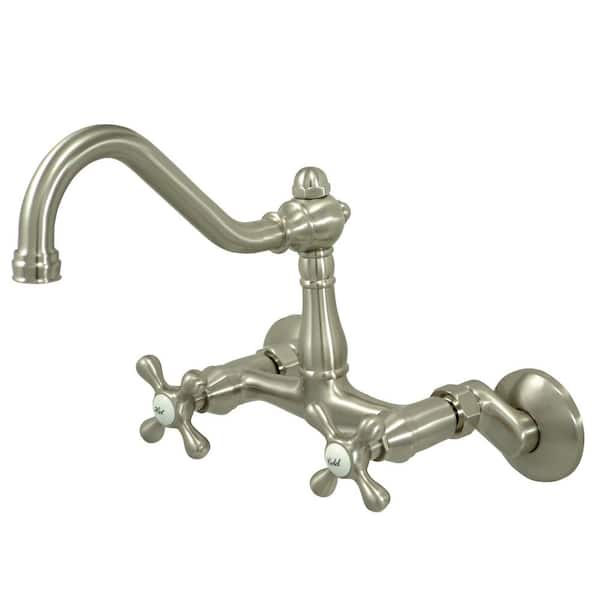 Kingston Brass Victorian Adjustable Center 2-Handle Wall-Mount Standard Kitchen Faucet in Brushed Nickel