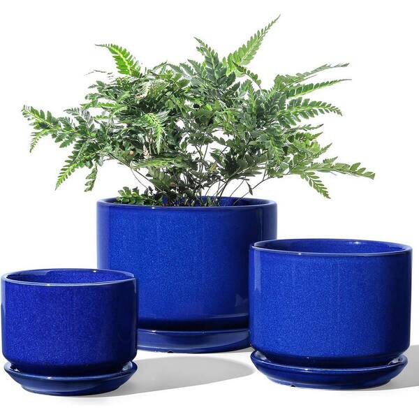 ITOPFOX Modern 6.8 in. L x 6.8 in. W x 5.3 in. H Sapphire Blue Ceramic Round Indoor Planter (3-Pack)