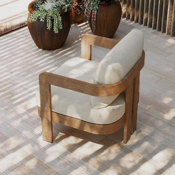Cushioned Wood Outdoor Club Chair, Assembly Free Chair for Patio, Beige