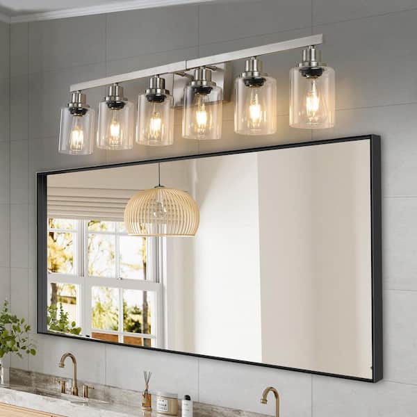 37 in. 6-Light Brushed Nickel Vanity Lights Fixture with Clear Glass Shades and No Bulbs Included