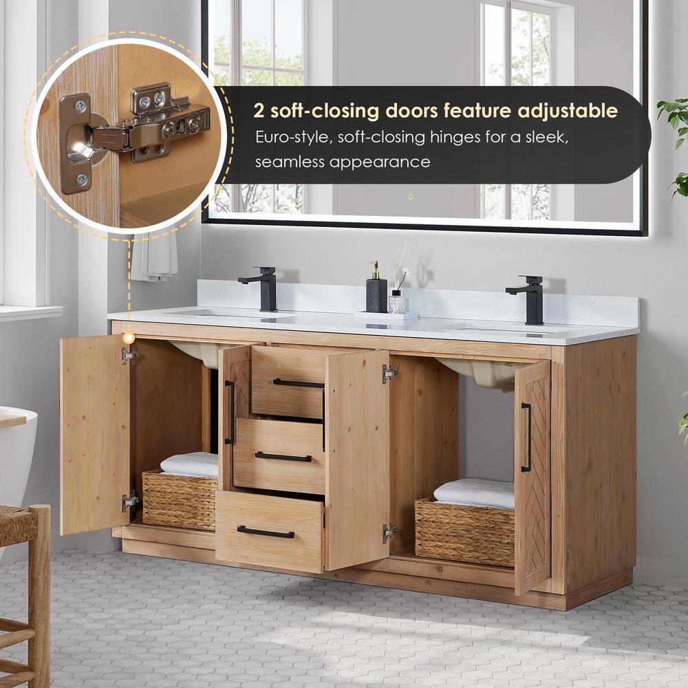 Anais 72" Light Brown Fir Wood Vanity with White Stone Top and Mirror