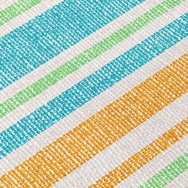 Teal Blue, Yellow, Green 5 ft. x 8 ft. Woven Striped Polyester Rectangle Indoor / Outdoor Area Rug