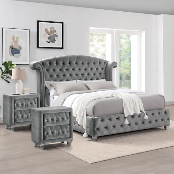 Furniture of America Nesika 3-Piece Gray King Bedroom Set, Gray King w/o Care Kit