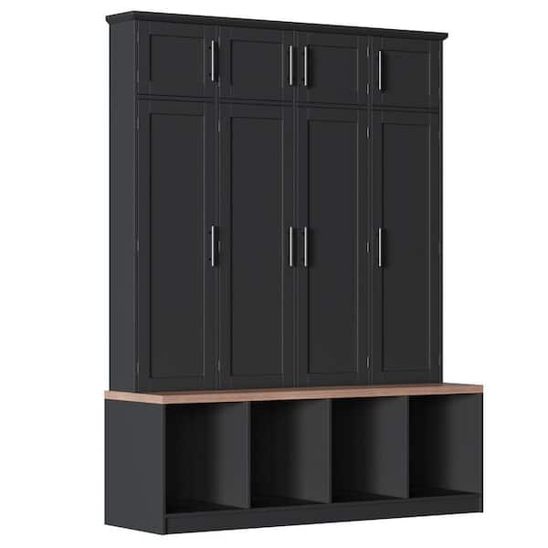 Nestfair Black 8-door Hall Tree with Walnut Seating Bench, Shoe