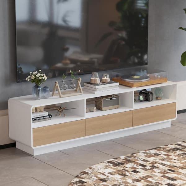 FUFU&GAGA White/Oak Wood TV Stand Media Console with Pop up Drawers, Open Shelf, Fits TV's up to 80 in.