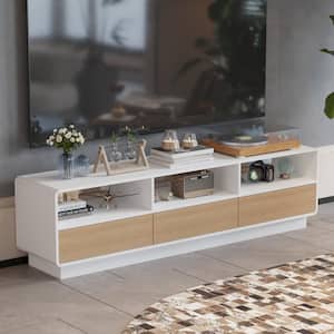 White/Oak Wood TV Stand Media Console with Pop up Drawers, Open Shelf, Fits TV's up to 80 in.