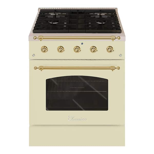 Hallman Classico 30" 4.2 cu. ft. 4-Burners Freestanding All Gas Range with Gas Stove and Gas Oven, Antique White with Brass Trim