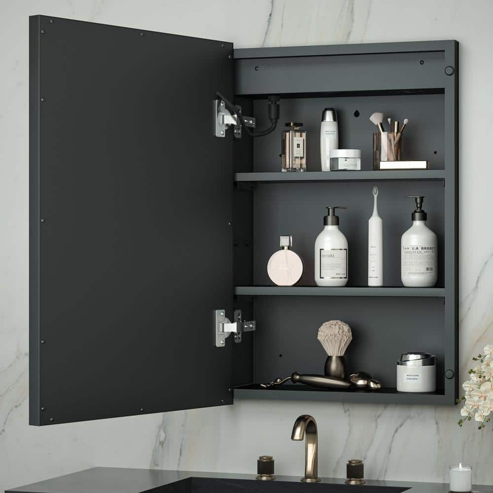 16x24 Black Aluminum LED Medicine Cabinet with Mirror and Defog