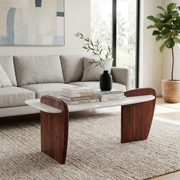 53 in. White Specialty Marble Modern Coffee Table