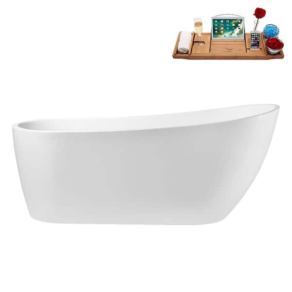 Streamline 67 in. x 28 in. Acrylic Freestanding Soaking Bathtub in Glossy White with Matte Oil Rubbed Bronze Drain, Bamboo Tray
