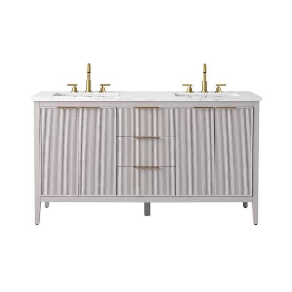 Emma 60 in. W Bath Vanity in Taupe with Engineered Stone Top in Arabescato with White Sinks