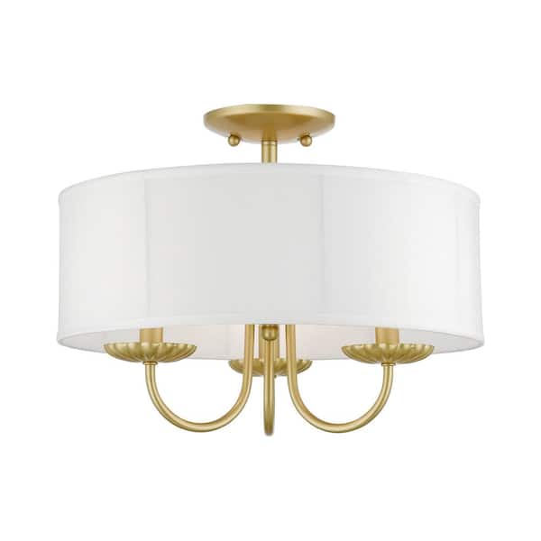 Dunnhaven 16 in. 3-Light Soft Gold Semi Flush Mount with Off-White Fabric Shade
