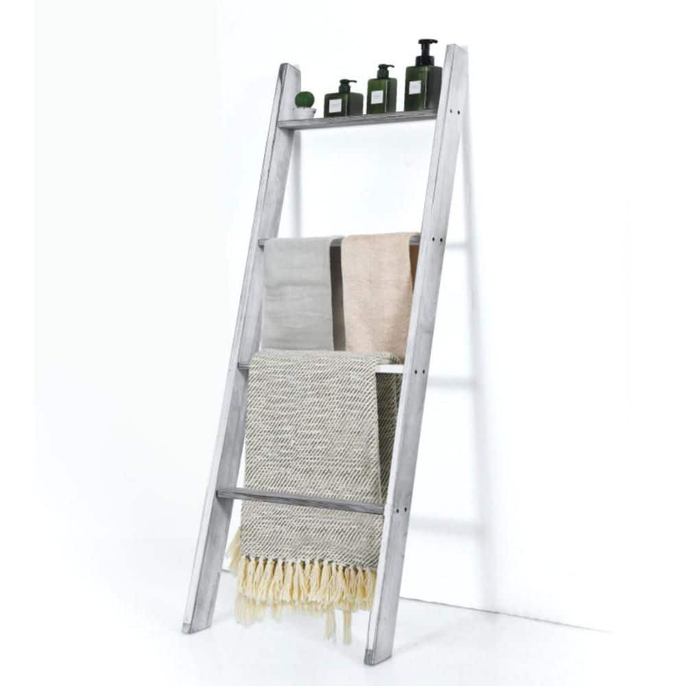 4-Tier Blanket Ladder Bath Accessory in Gray, Pine Wood Construction with Non-Slip Base, Stable Design for Towels, Decor price history on PriceWatchPro
