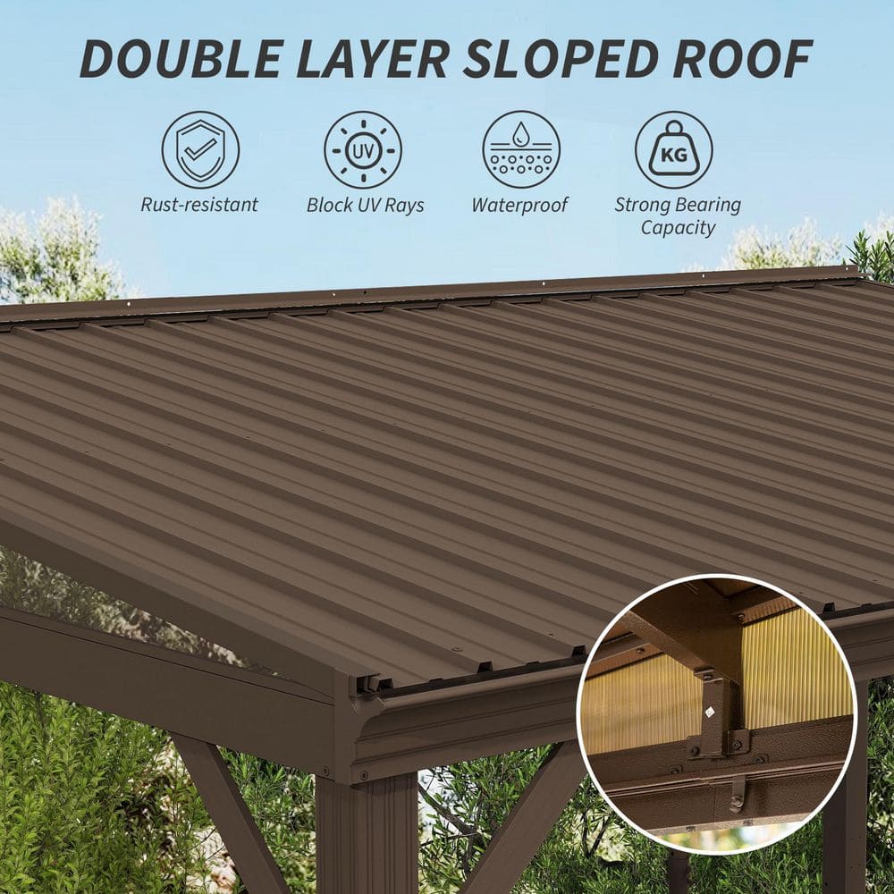 8' x 12' Brown Aluminum Wall-Mounted Patio Gazebo with Curtains