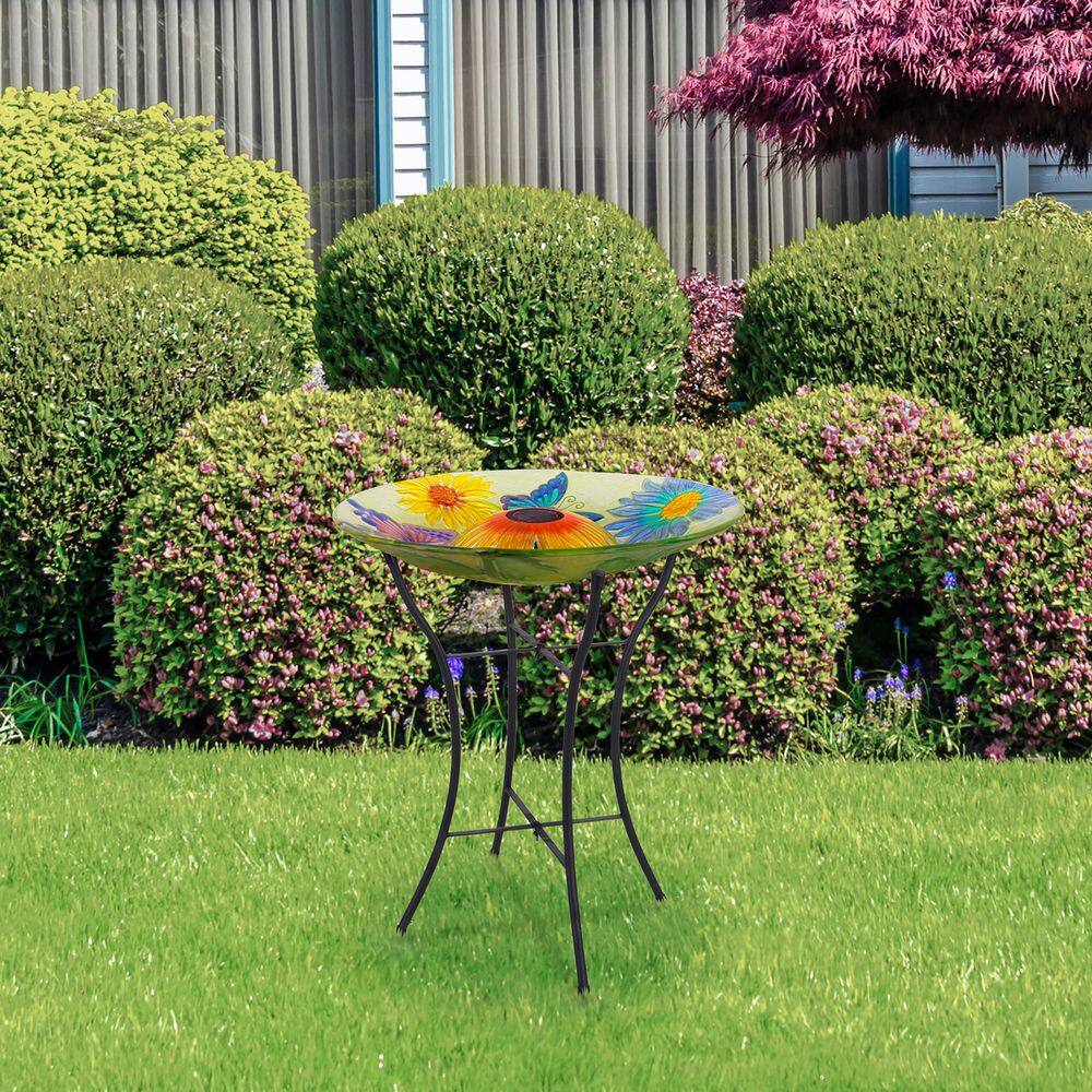 18" Multicolor Glass Solar Bird Bath with Metal Stand