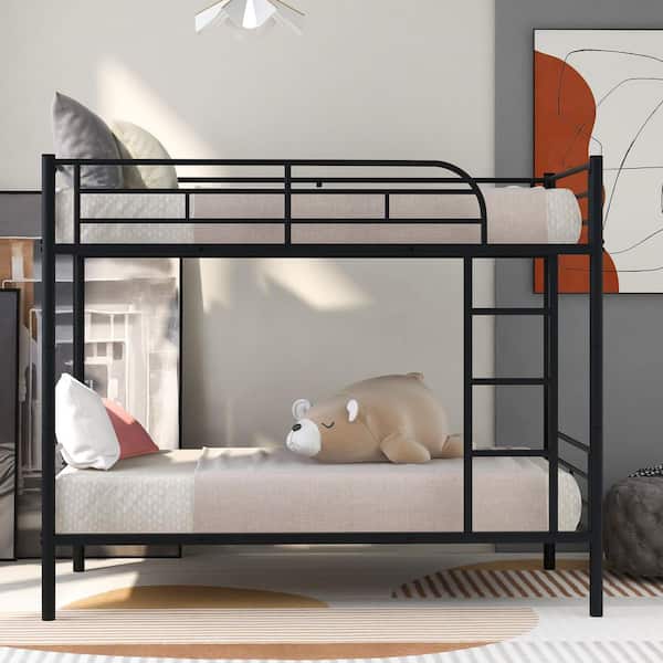 Harper & Bright Designs Brown Twin Over Twin Size Steel Frame Bunk Bed with Wooden Headboard and Footboard