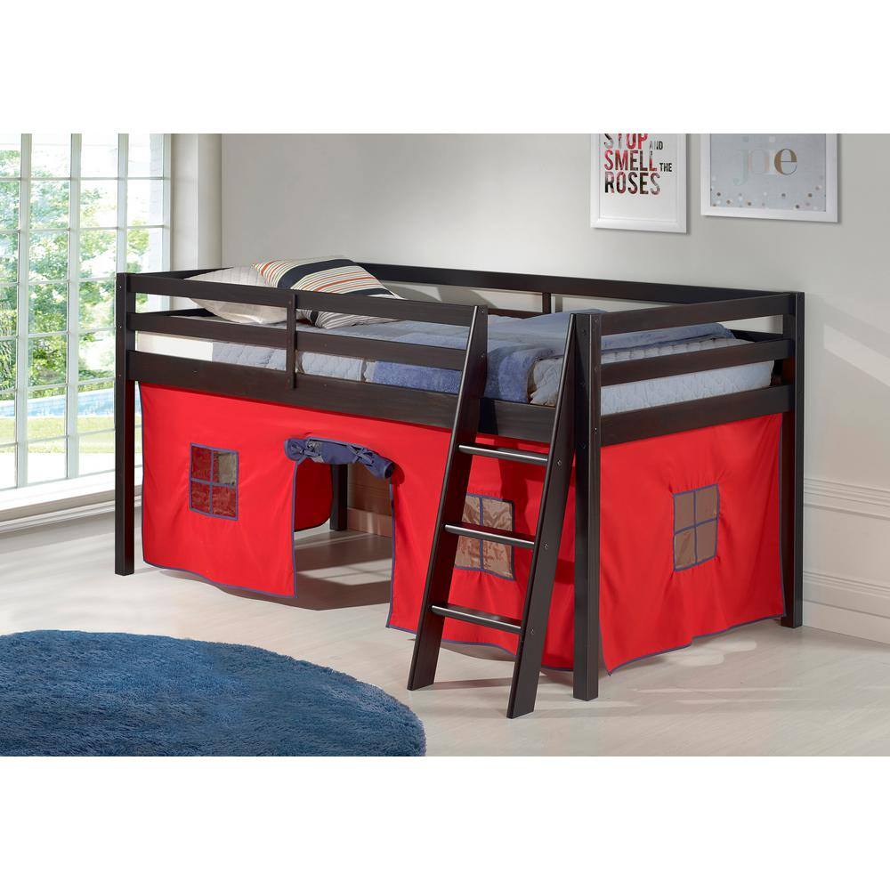 Espresso Twin Pine Junior Loft Bed with Red Playhouse Tent