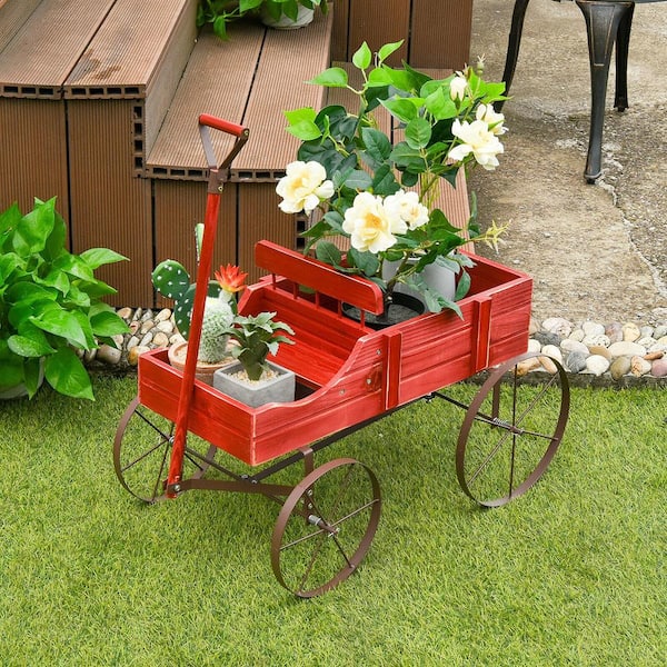 Garden Plant Planter Wooden Wagon Planter with Wheel Garden Yard Red