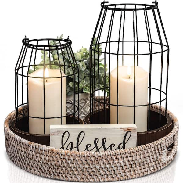 Brown Modern Rustic Farmhouse Lantern Decor for Living Room, Fireplace Mantle and Dining Table (2-Pack)