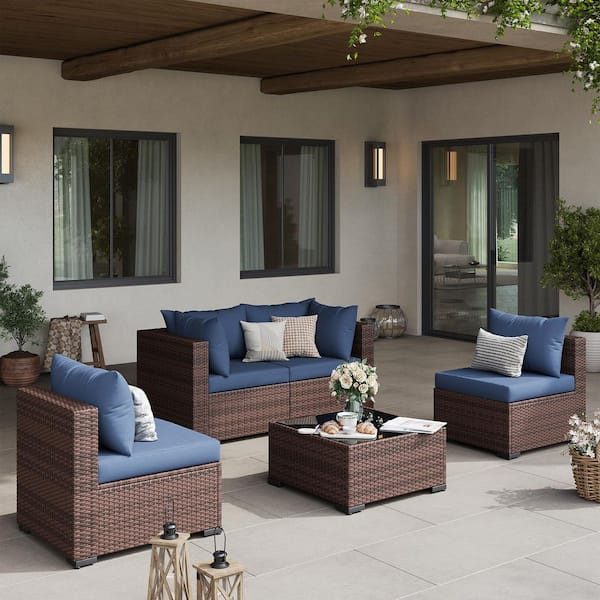 5-Piece Rattan Sectional Seating Group with Cushions Navy