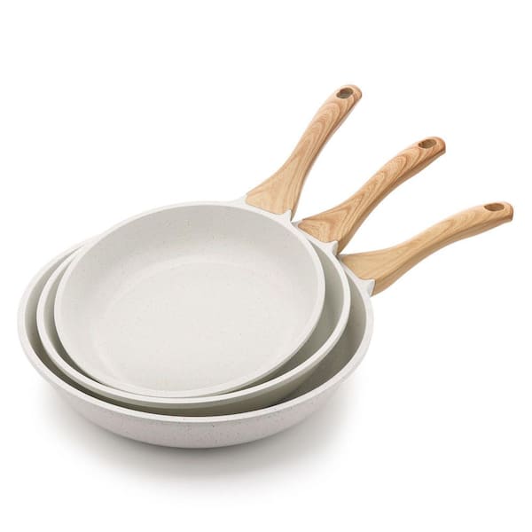 Ceramic Nonstick Frying Pan Skillet Set 9.5 in. 11 in. 12.5 in. White Cast Aluminum Induction Compatible