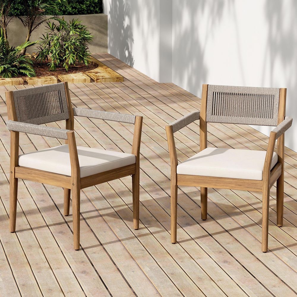 Pinehill Patio Teak Finish Solid Wood Outdoor Dining Chairs with Cream Cushions, Beige Rope Woven Back and Arm, Set of 2 price history on PriceWatchPro
