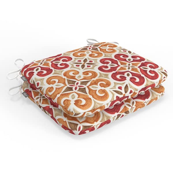 Pillow Perfect Medallion 18.5 in W x 3 in H Square Outdoor Chair Seat Pad with Ties 2-Count in Marbella Tuscan Brown