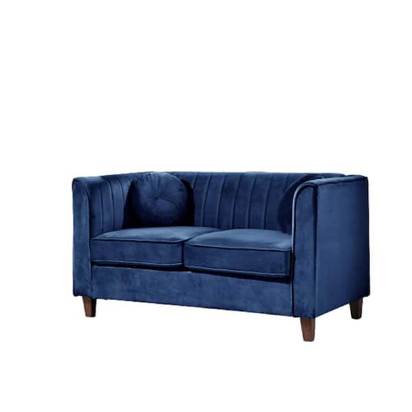 US Pride Furniture Lowery 55 in. Dark Blue Velvet 2 Seats Chesterfield Loveseat with Square Arms