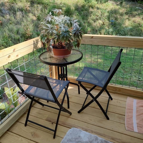 Unbranded 3-Piece Metal Patio Bistro Dining Furniture Set with Textured Glass Tabletop, 2 Folding Chairs
