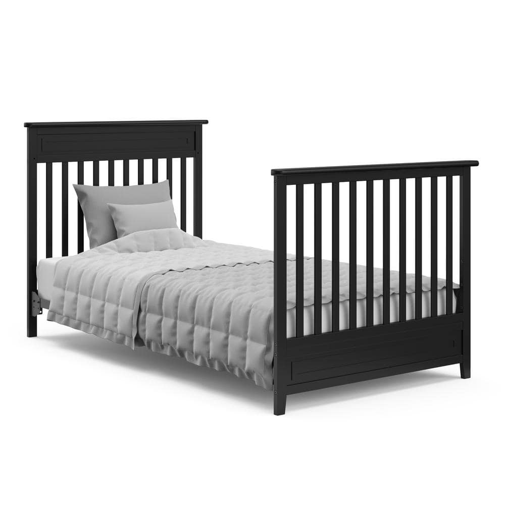 Petal Black Pine Wood 4-in-1 Convertible Mini Crib with Mattress