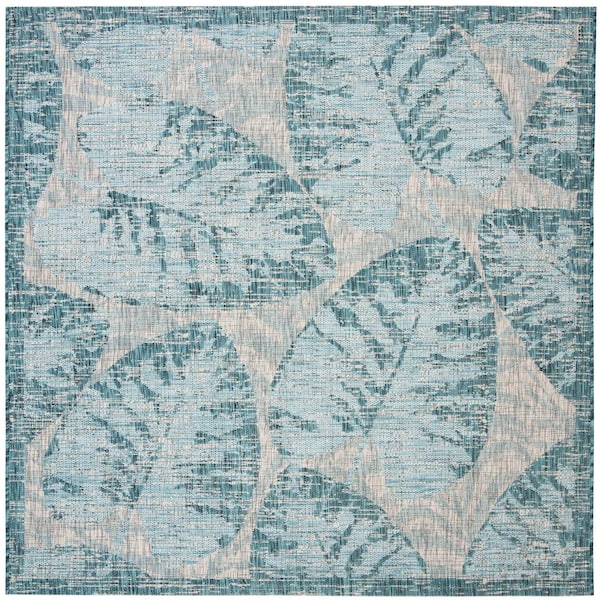 Courtyard Gray/Aqua 7 ft. x 7 ft. Square Geometric Indoor/Outdoor Patio  Area Rug