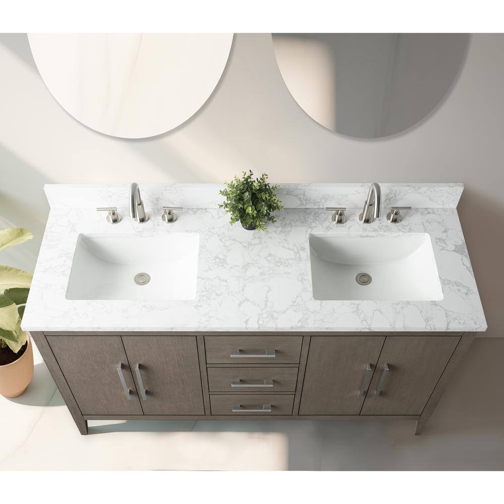 60" Driftwood Gray MDF Double Sink Freestanding Vanity with White Marble Top