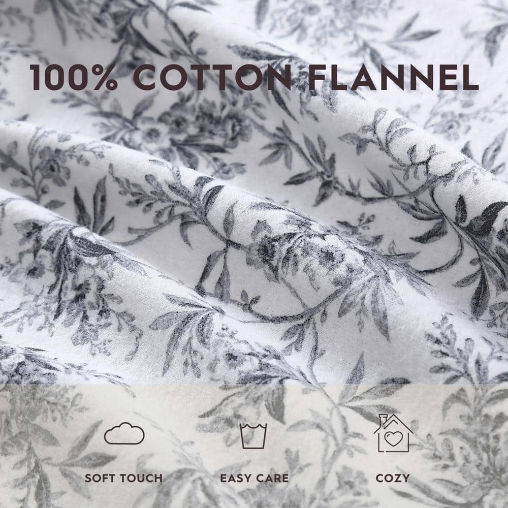 Queen Black Floral Cotton Flannel Sheet Set
