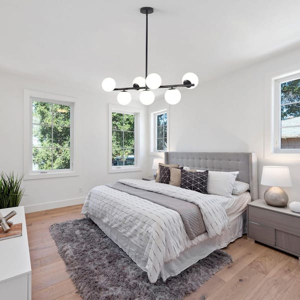 35.8 in. 7-Light Black Farmhouse Chandelier with White Glass Globe Mid Century Kitchen Island Light Fixture